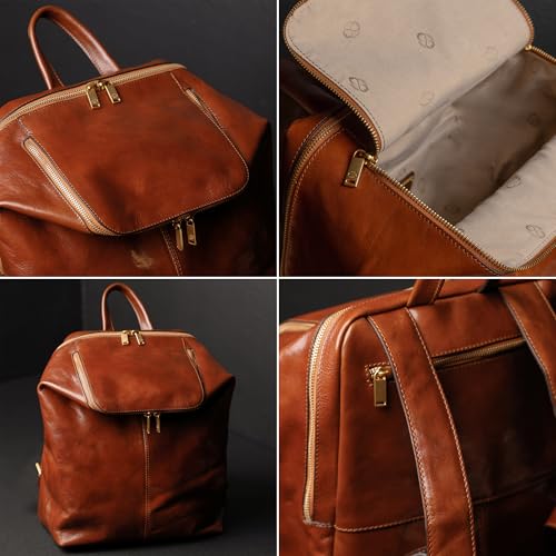 Image of Time Resistance Leather Backpack - Unisex Business Rucksack Laptop Bag for Bag and Women (Cognac Brown)
