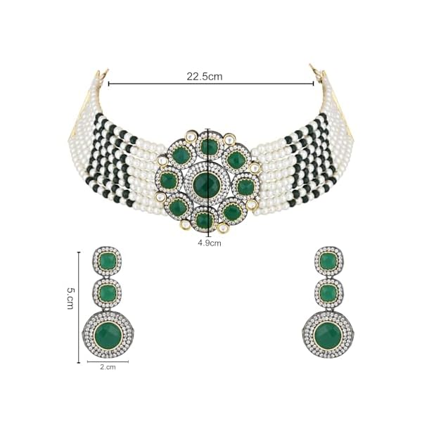 I Jewels Traditional Royal Kundan Pearl Stone Multistrand Design Green Choker Necklace Jewellery Set With Earrings For Women (ML336WG) - Image 7