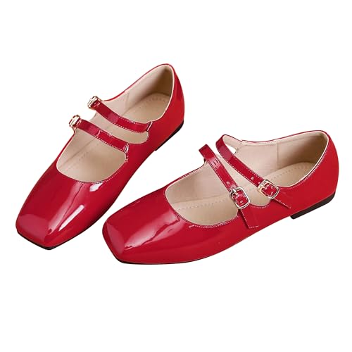 Dear Time Women's Double Strap Mary Janes Patent Leather Vintage Flat Shoes for Wedding Party Red Size 7.5