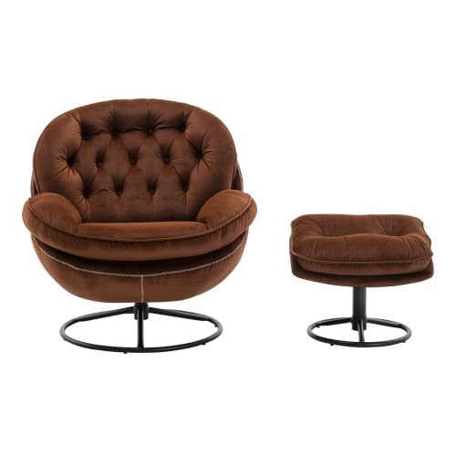 Accent Chair With Ottoman, Modern Velvet Tufted Upholstered Armchair Lounge Chair With Comfy Footrest & Black Metal Base, 360 Degree Swiveling Single Sofa Chair For Living Room Bedroom, Brown #TOP1