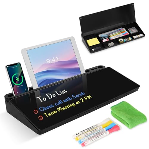 Desktop Glass Whiteboard with Storage, Desk Board with Computer Keyboard Stand, White Dry Erase Board with Drawers for Home, School, Office Desk Organizers and Accessories - Black