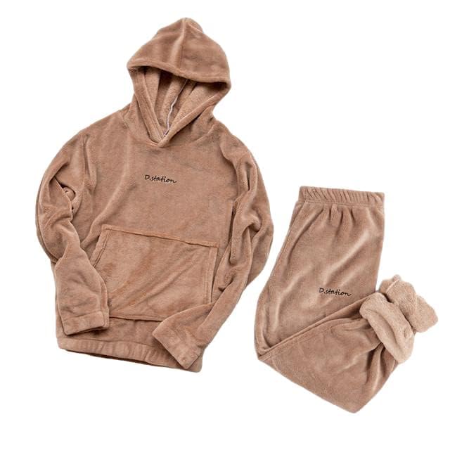 GenericWomen Fluffy Pajamas Set Fleece Pullover Pants Winter Loose Plush Lounge Sets Cozy Sleepwear Hoodie with Pocket Pack of 1 Free Size (28 Till 32) Khaki