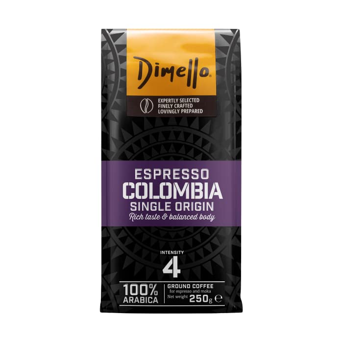 Dimello Single Origin Espresso Colombia Ground Coffee (250g) - Notes of Caramel, Exotic Fruits and Reaching Nuts (Colombia)
