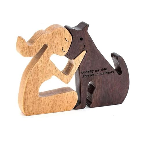 FDHBDF Hundeholzschnitzerei Mensch und Hund Skulptur Kreativer Tischschmuck Handgefertigte Holzstatuen aus Holz Tischdekoration im Bücherregal