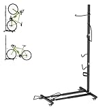 Vertical Bike Stand with Wheels, Space-Saving Freestanding Bike Rack, 360° Moveable Adjustable Height Indoor Bike Storage for Garage & Apartment, Floor Bike Parking Holder for MTB/Road Bikes up to 29”