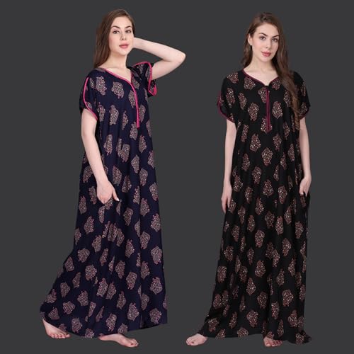 Image of Women's Alpine Botanical Leaves Print Maxi Nightgown with Pocket