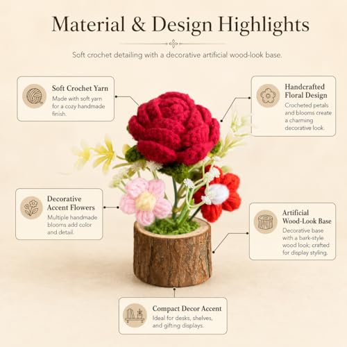 Image of Handmade Crochet Flower with Real Wood Base, 12 cm Pink Red & Green Artificial Knitted Rose Bouquet for Home Office Table Shelf Desk Decor, Bedroom Living Room Gift Decoration