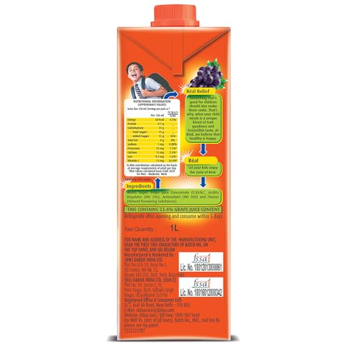 Image of DABUR Real Grape Fruit Juice 1L Rich In Vitamin C No Added Preservatives, No Artificial Colors & Flavours Goodness Of Best Fruits Daily Dose Of Fruit Nutrition Tasty, Refreshing & Energising Drink