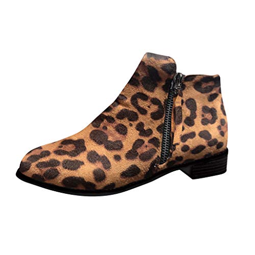 Ankle Short Boots for Women,Jchen Vintage Ladies Leopard Print Pointed Toe Zipper Ankle Boots Chunky Heel Short Boots