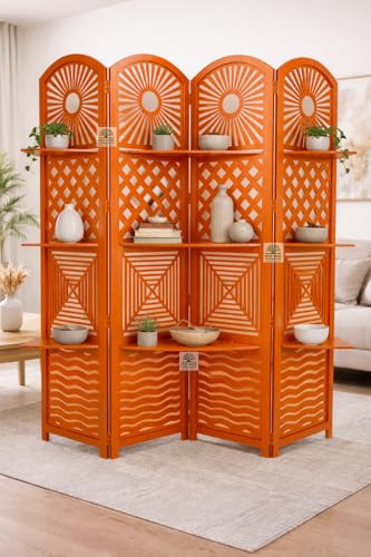 Image of Wooden Room Divider 6 Feet, 4-Panel Folding Wooden Partition for Living Room, Office, Pooja Room, Restaurant, Kitchen & Balcony (2W x 1.82H Meters). (Orange)