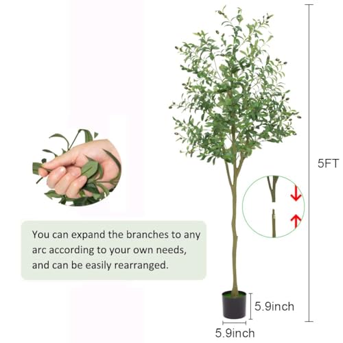 GarveeHome 5 FT Artificial Olive Tree, Faux Olive Tree with Silk Oliver Leaves and Lifelike Fruits, Fake Olive Plants in Pot for Home Decor
