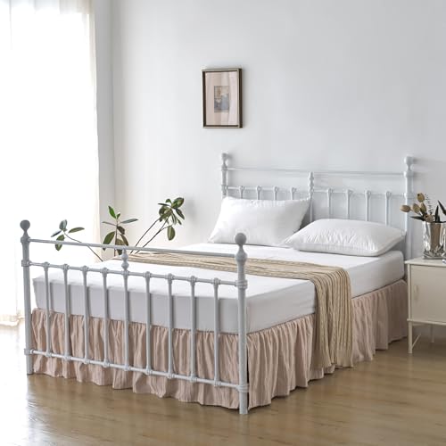 Bed Skirt Full Size, Ruffled Bed Skirt with Split Corners, Full Bed Skirts 14 Inch Drop with Platform, Striped Boho Bed Skirting Full Size, Pink-tinged Cream, 14'' Ful