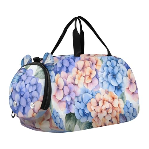 Duffle Bag for Boys or Girls with Shoes Compartment, Watercolor Hudrangea Flower Sports Travel Bag Overnight