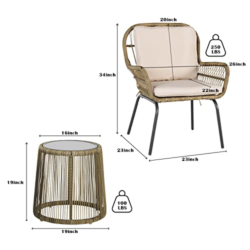 Funkoco 3 Pieces Patio Pe Rattan Conversation Chair Set, Outdoor Furniture Bistro Set Set With Water-Proof Cushion&Coffee Table For Garden,Backyard And Porch,Beige… #TOP5