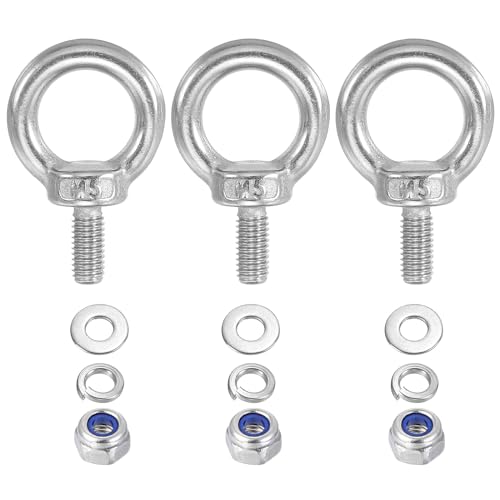 PATIKIL M5 x 10mm Lifting Shoulder Eye Bolt, 3Pcs 304 Stainless Steel Lifting Ring Threaded Eyebolt with Nuts Washers for Hanging Hammocks Articles