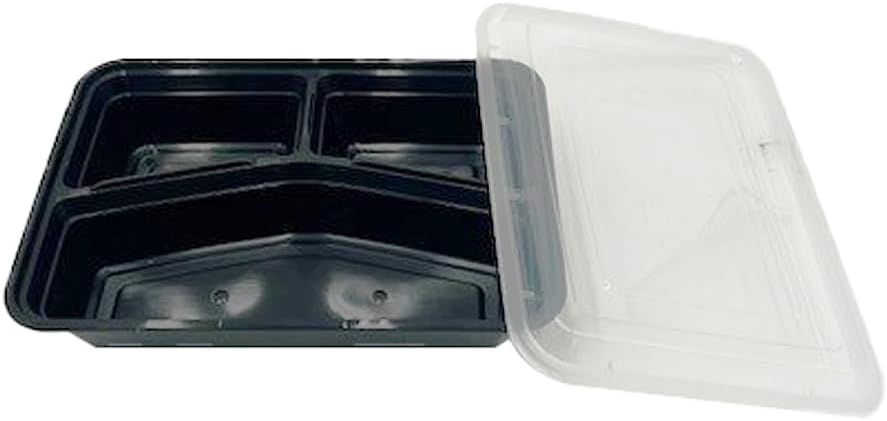 42oz Food Prep Containers with 3-compartment Black Base & Clear Lids - Rectangular - Microwavable Disposable Freezer-Safe BPA-Free Plastic Meal Storage, Combo Pack of 50 sets