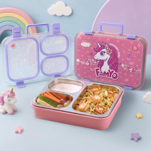 Image of Famyo Bento Lunch Box for Kids, June Unicorn | Leakproof, Stainless Steel, 3 Compartment, 4 Clip Lock & Secret Compartment, BPA Free