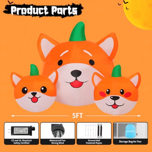 Image of GOOSH 5 FT Long Halloween Inflatables Pumpkin Dog Outdoor Decorations Blow Up Yard Dog Head Combo Decoration with Built-in LEDs for Indoor Party Garden Lawn Holiday Decor