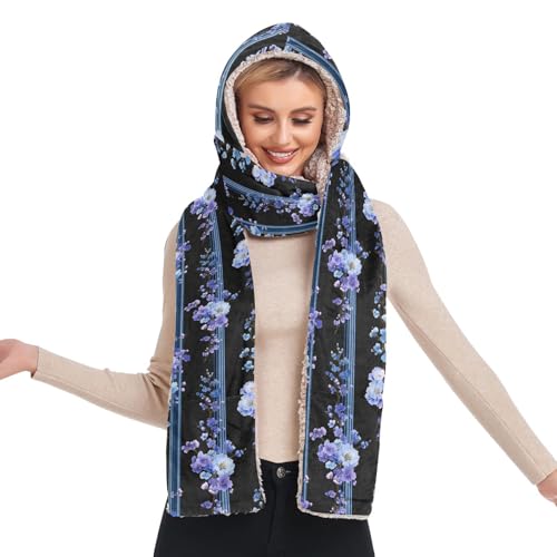 Bonnet d'hiver à capuche pour femme avec écharpe et gants intégrés à motif floral bleu