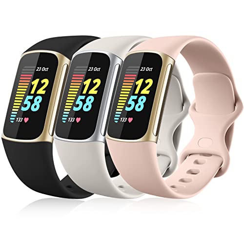 Maledan 3 Pack Band Compatible With Fitbit Charge 5 Bands Women Men, Soft And Sport Wristband Replacement Bracelet Strap For Fitbit Charge 5 Fitness Tracker Accessories, Black/White/Pink, Small #TOP22