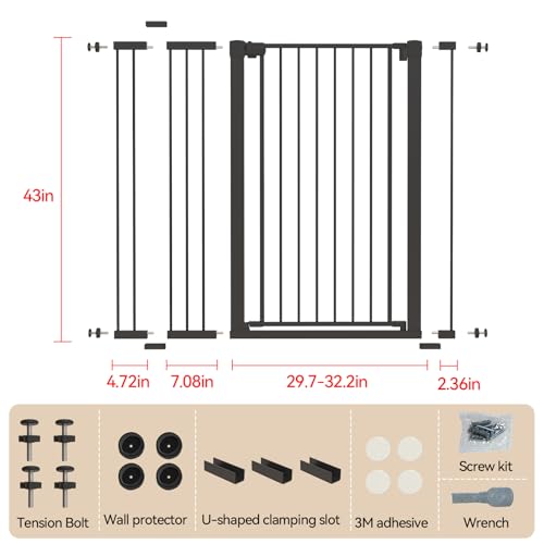 43 inch Tall Safety Dog Gate Adjustable 29.7-45.2inch Extra-Wide Metal Pet Gate Drill-Free Pressure-Mount Installation kit Self-Closing Cat Gate for Stairwells、Doorways(Black) - Image 3