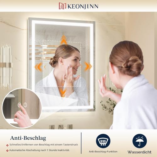 Keonjinn 60x90cm Badezimmerspiegel mit Beleuchtung, Beschlagfrei Badspiegel Beleuchtet mit Touch-Schalter… – Ansicht 4