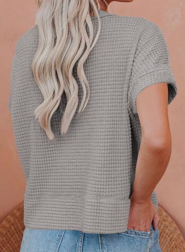 Image of Eytino Womens Plus Size Tops Casual V Neck Short Sleeve Waffle Knit Button Down Shirts(1X-5X)