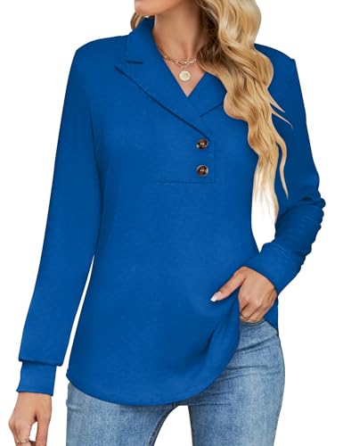 Tisfeer Sweatshirt for Women Long Sleeve Button Lapel V Neck Tunic Tops Business Dressy Casual Pullover Swing Solid Shirts 2026 Trendy Clothes(Royal Blue,L)