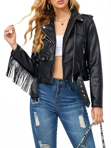 XULIKU Women Faux Leather Jacket, Fall Spring Lapel Short Vegan Zipper Up Fringe Tassel Trim Pleather Coat with Belt,Black,XXL