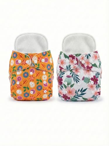 Image of Reusable Cloth Diaper for Babies | Washable Baby Cloth Diaper with Absorbent Insert | Leak Proof Adjustable Free Size Pocket Diaper 3M -3Years | Eco Friendly Reusable Baby Diaper (2, ORANGE FLORAL, One Size)