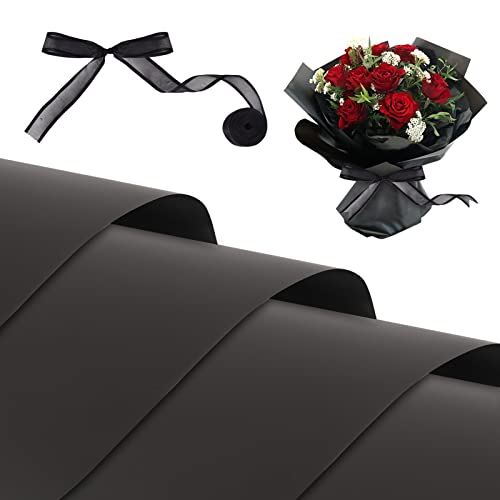Kosotody 20 Sheets Waterproof Floral Wrapping Paper,Florist Bouquet Packaging Paper with Ribbon, 22.8x22.8 inch (Double Black)…