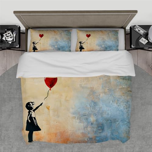 Housse de Couette pour Enfants Ensemble de Housse de Couette Graffiti 3pc Ensemble de literie Fille avec Motif Ballon Rouge Housse de Couette avec Fermeture éclair 2 taies d’Oreiller 140x200 cm
