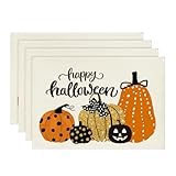 Artoid Mode Happy Halloween Jack-O-Lantern Placemats for Dining Table, 12 x 18 Inch Holiday Pumpkins Washable Table Mat Set of 4