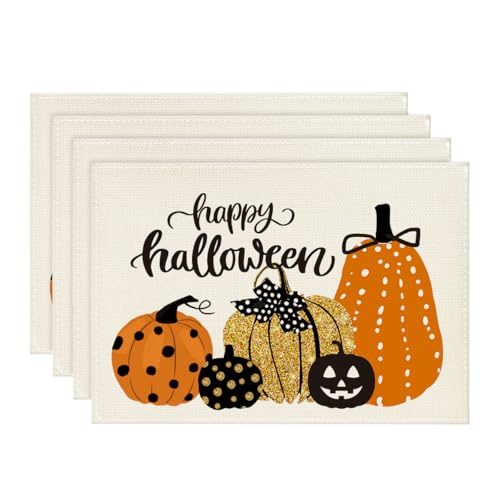 Artoid Mode Happy Halloween Jack-O-Lantern Placemats for Dining Table, 12 x 18 Inch Holiday Pumpkins Washable Table Mat Set of 4