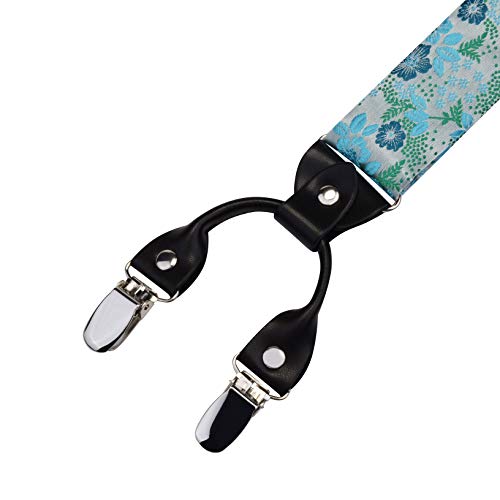 Image of GUSLESON Adjustable Plaid Floral 6 Clips Y Shape Suspenders Pre-tied Bow Tie and Pocket Square Set with Gift Box