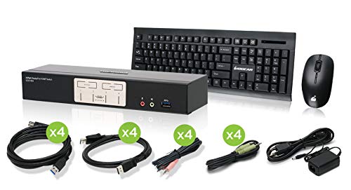 IOGEAR 4-Port Cinema 4K DisplayPort 1.2 KVMP with Wireless Keyboard and Mouse – w/ Full Set of Cables (GCS1934-KM TAA Compliant)