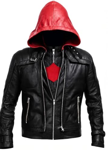 Image of Black and Red Hood Leather Jackets and Vest 2 in 1
