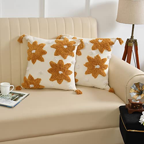 Image of TIB Premium Boho Decorative Throw Cushion Covers, 16 x 16 cm, Set of 2, Cotton. (White Golden Flower)-230 TC