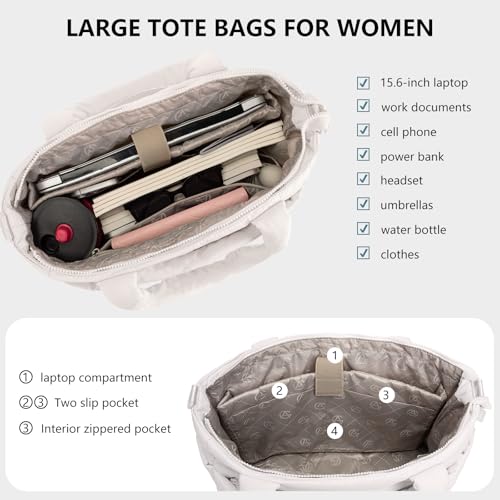 Image of Puffer Tote Bag for Women Quilted Nurse Bag Lightweight Work Bag for Teacher Travel Handbag with Multiple Pockets