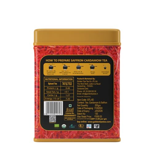 Golden Tips Saffron Cardamom (Elaichi) Exotic Robust CTC Chai 250 Gram