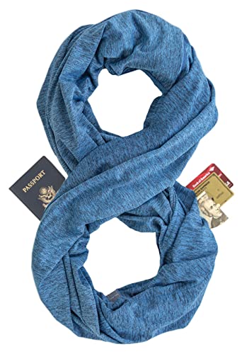Zero Grid Infinity Travel Scarf Loop with Hidden Zipper Pockets for Passport Phone Cash Cards - Converts to Blanket Wrap or Shawl - Sapphire Blue