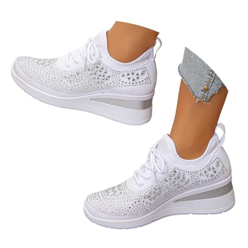 Women's Glittery Rhinestone Fashion Breathable Wedge Sneakers Sparkly Bling Wedding Dressy Tennis Shoes for Bride Women Chunky Mesh Slip on Elastic Sock Sneaker Shiny Walking Shoes(White,9)