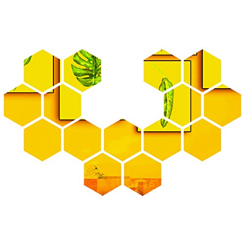 MicButty Miroirs Muraux Autocollant, 15pcs Hexagone Muraux Miroirs Acrylique Miroir Stickers Décalque Feuille de Miroir Muraux Décoratif pour Maison Salon Chambre Décor(Or , 185 x 160 x 92 mm) Cover