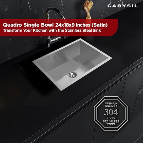 Image of Carysil Quadro Series Zero Radius Single Bowl Kitchen Sink, Stainless Steel Kitchen Sink, 304 Coupling, Noise Reduction Design, Deep Bowl with Sloping Drain, 24x18x9 inches, Satin Finish