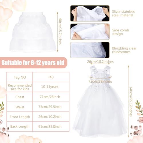 Toulite 8 Pcs First Communion Dress for Girl Set Veil Rhinestone Crown Satin Gloves Sock Rosary Necklace Bracelet Skirt Brace3