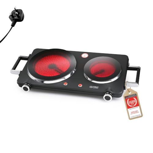 TZS First Austria - Infrared Hot Plate with handles Double Glass Ceramic Stove Plate ALL Pot Types 1500W - Portable Hob Electric Cooktop for Camping & Apartment - Stepless Adjustment & Indicator Light