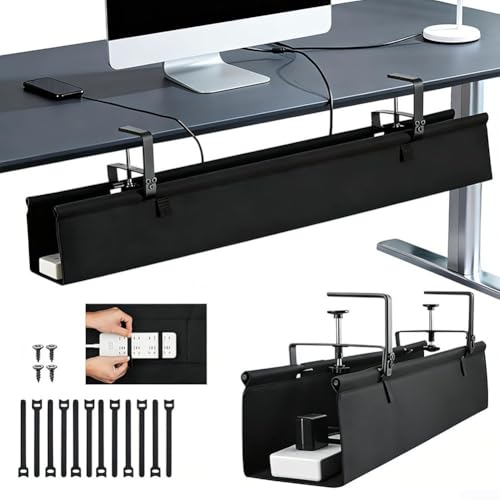 Image of Double Sided Under Desk Cable Management Tray Felt Wire Organizer With Quick Drop Down For Access For Home Office Standing Desk Gaming Setup Black 30cm(70)