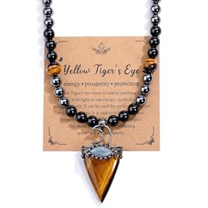 Jovivi Mens Stone Beaded Necklace Natural Tiger Eye Obsidian Hematite Healing Crystal Necklace Triangle Pendulum Pendant Crystal w/Moon