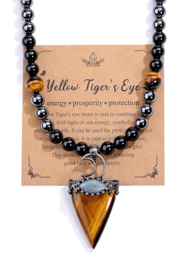 Jovivi Mens Stone Beaded Necklace Natural Tiger Eye Obsidian Hematite Healing Crystal Necklace Triangle Pendulum Pendant Crystal w/Moon