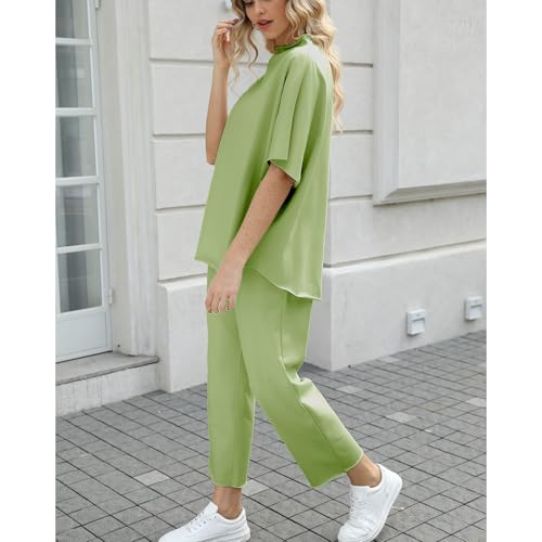 Image of SeeLuNa Women's Two Piece Outfits 3 /4 Batwing Sleeve Capelet Crew Neck Pullover Top Wide Leg Pants Lounge Set